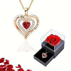 Luxury Red Zircon Pendant Necklace with Rose Flower