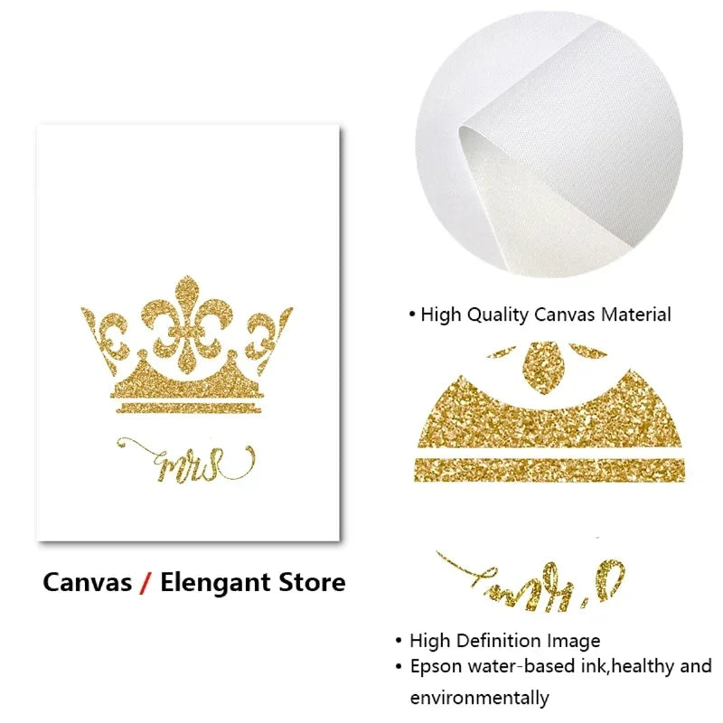 King and Queen Gold Crown Mr & Mrs Love Poster – Aesthetic Couple Canvas Wall Art - Image 2