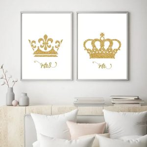 King and Queen Gold Crown Mr & Mrs Love Poster – Aesthetic Couple Canvas Wall Art