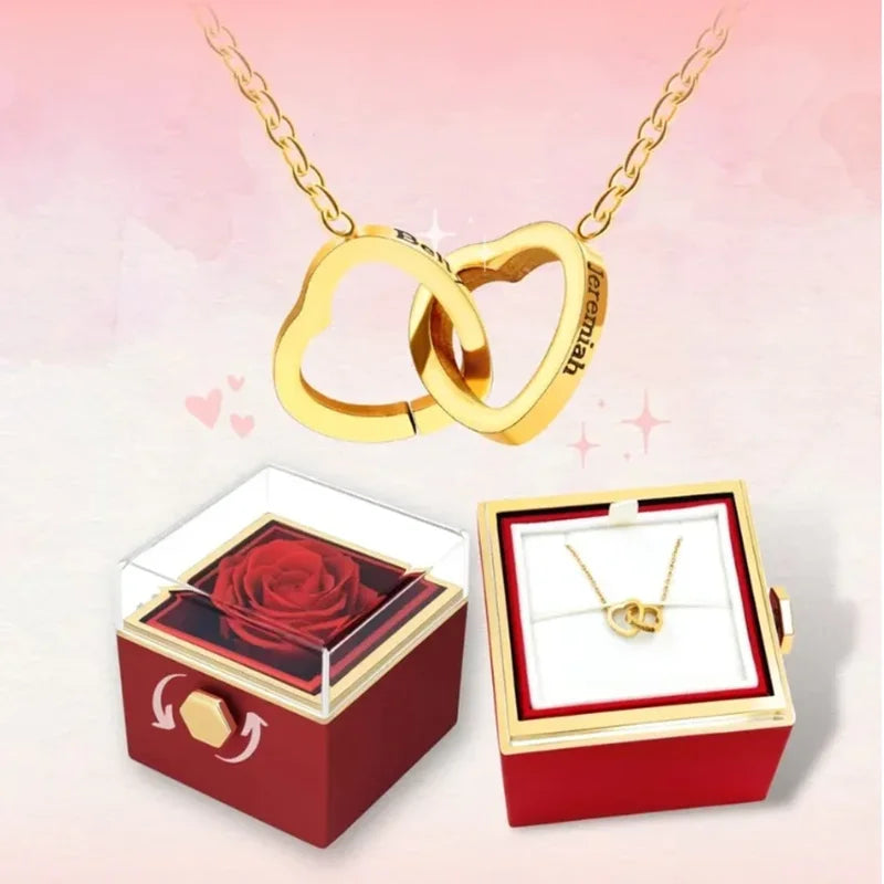 PolishedPlus Custom Names Heart Necklace – Personalized Jewelry with Rotating Rose Gift Box