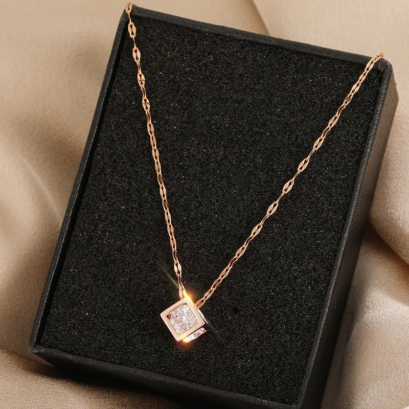 Classic Zircon Crystal Inside Hollow Square Necklace - Image 2