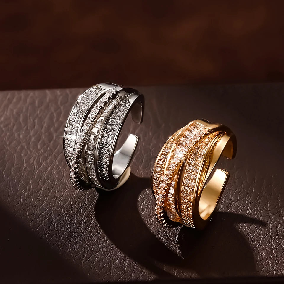 High-Quality Copper Inlaid Zircon Multi-layer Star Opening Ring