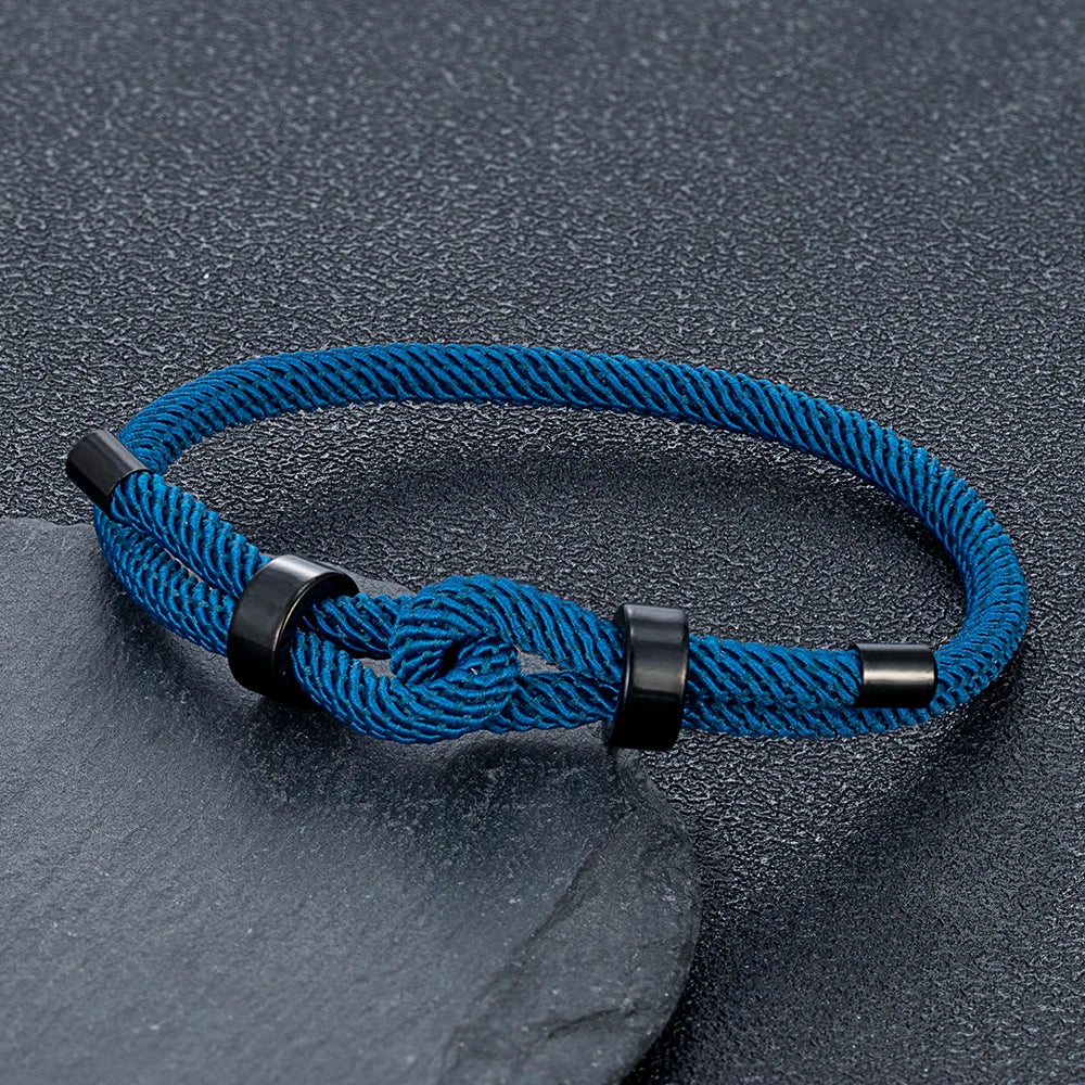 MKENDN Adjustable Knot Rope Bracelet – Black Stainless Steel Charm Bangle for Men - Image 2