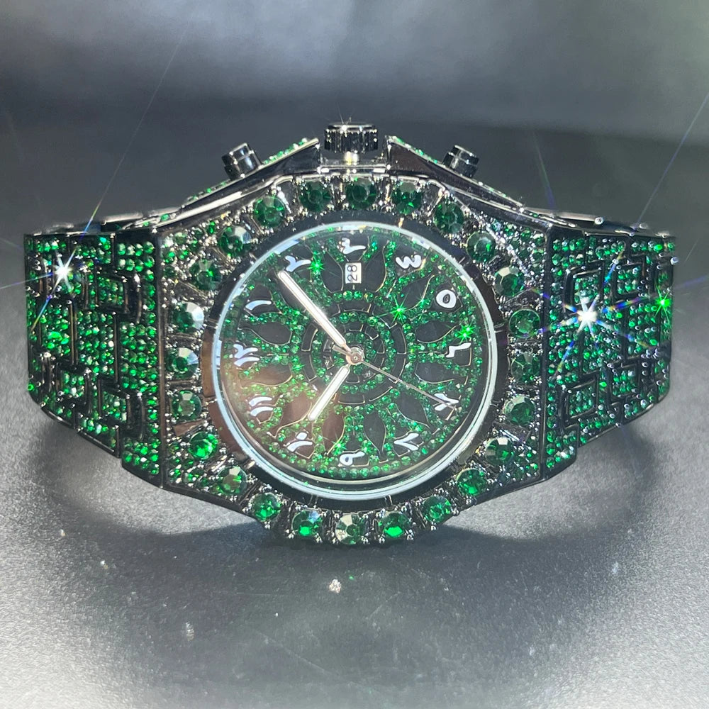2024 Hip Hop Green Diamond Watch – Men's Fashion Square Quartz Wristwatch with Iced-Out Design - Image 9