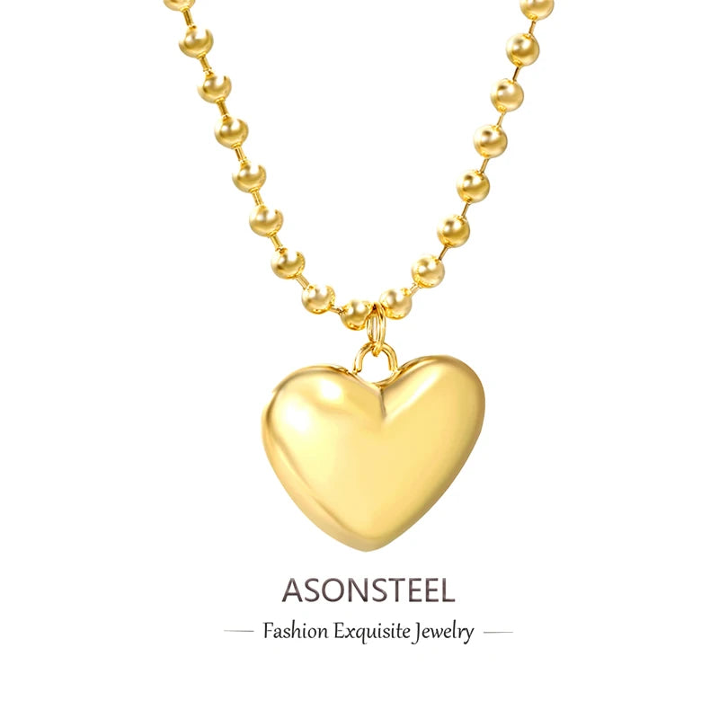 ASONSTEEL Romantic Heart Pendant Necklace – Golden Stainless Steel Choker for Women