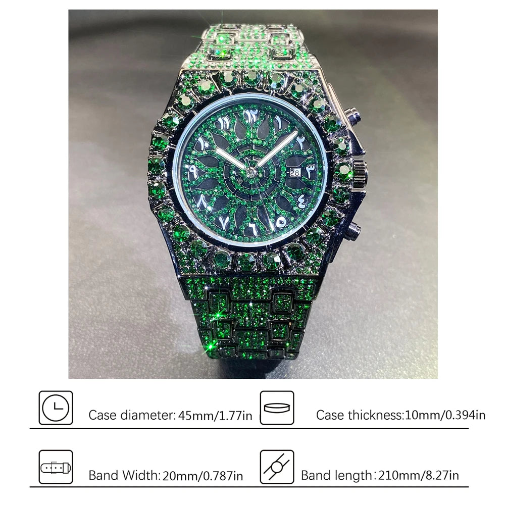 2024 Hip Hop Green Diamond Watch – Men's Fashion Square Quartz Wristwatch with Iced-Out Design - Image 6