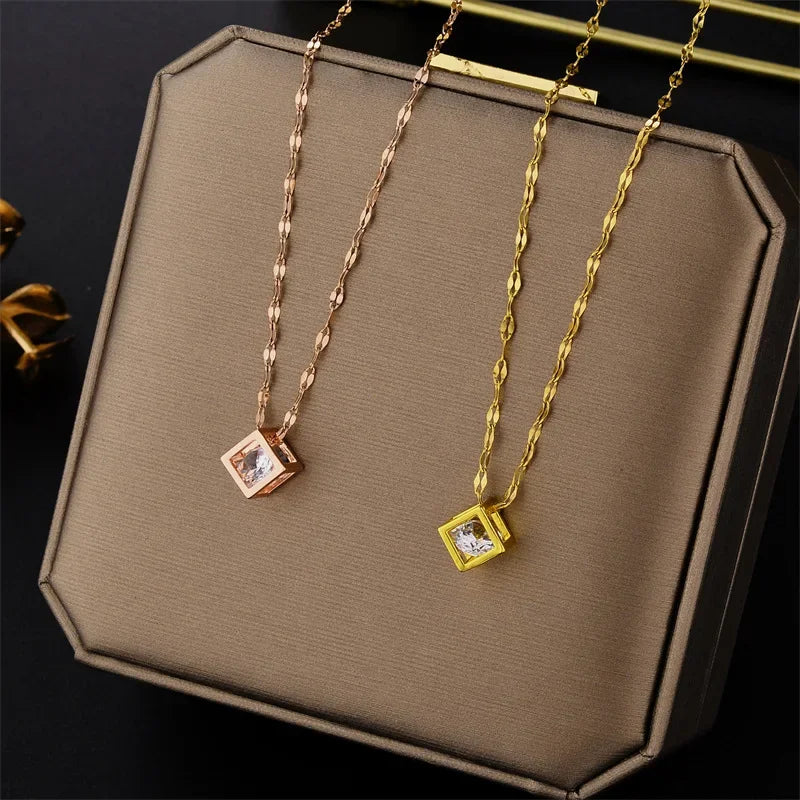 Classic Zircon Crystal Inside Hollow Square Necklace - Image 3