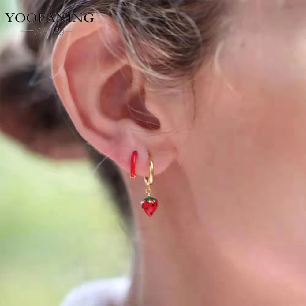 925 Sterling Silver Red Series Hoop Earrings – Red Zircon Love, Strawberry & Starfish Design - Image 3