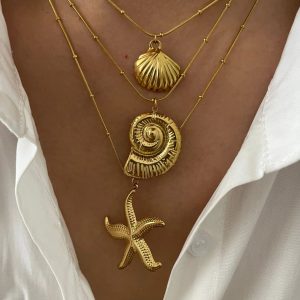 Minimalist Starfish Stripe Conch Scallop Shaped Pendant Necklace