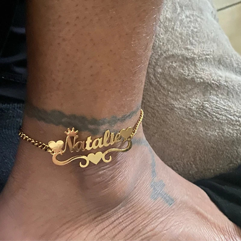 Custom Crown Heart Name Anklet – Gold Stainless Steel Personalized Jewelry for Women - Image 2