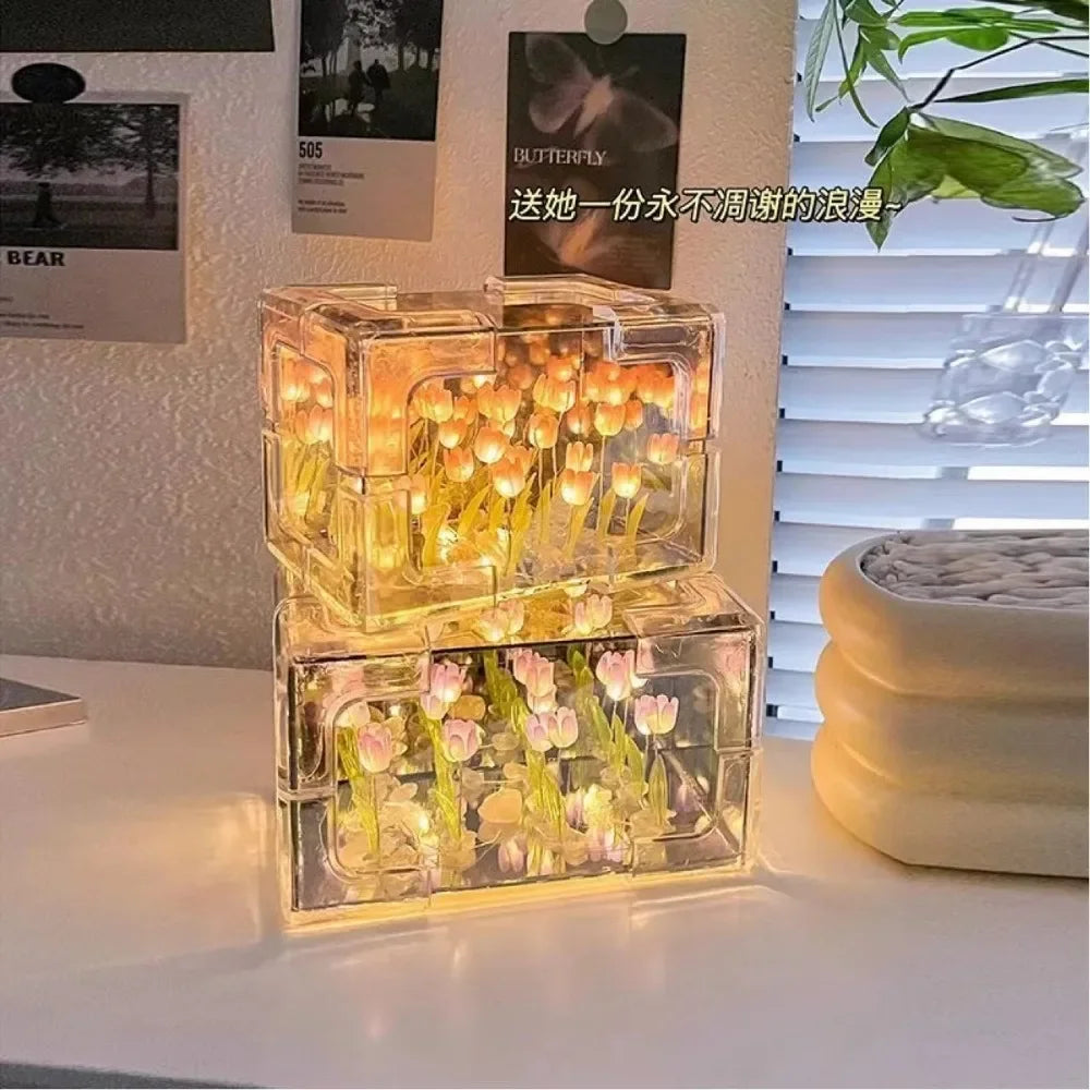 DIY Tulip Flower Sea Cube Night Lamp – 3D Creative Gift Kit for Couples & Girlfriends - Image 3